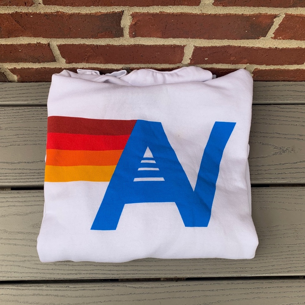 Aviator Nation White Sweatshirt with Blue and Multicolor Stripes